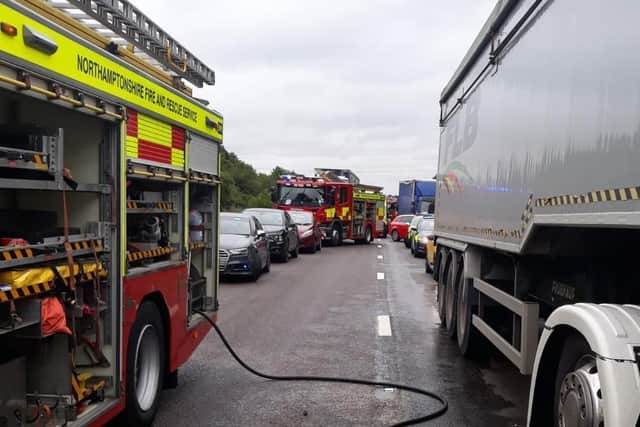 Traffic is stranded on the A43 while emergency services deal with a smash