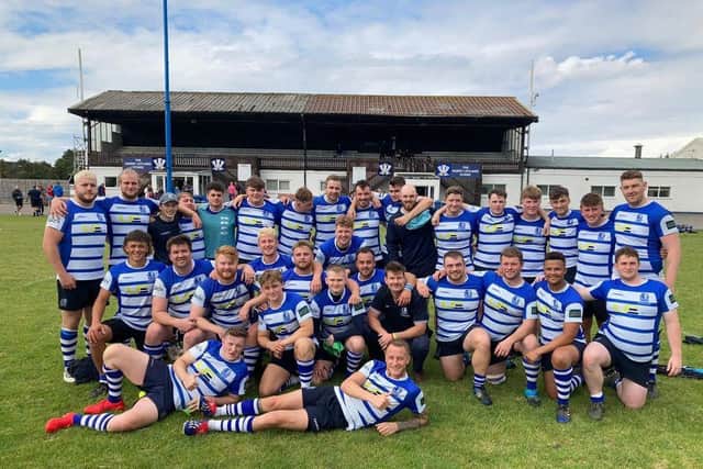 The UE Group-sponsored Kettering Rugby Club following a pre-season win at New Brighton