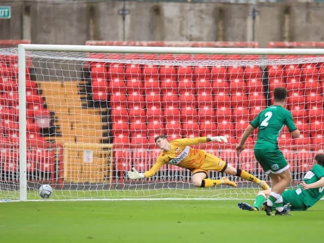 Gateshead find the net with one of their first-half goals as Kettering Town suffered a 3-1 defeat in the north-east. Picture by Peter Short