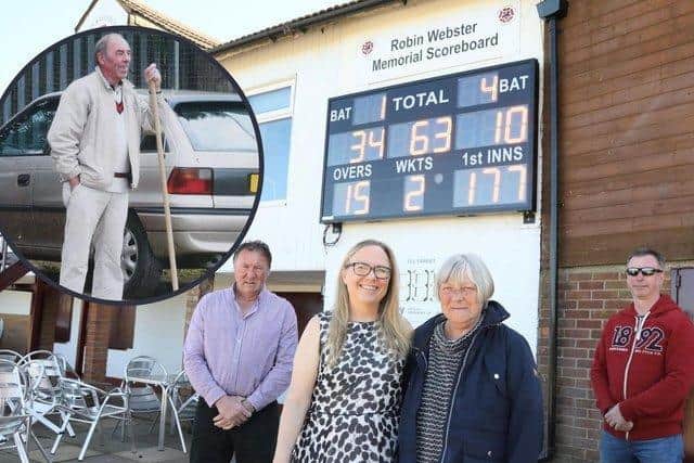 Former S&L chairman Mark Poucher, Robin's daughter Tracy Southwell, wife Christine Webster and son Paul Webster with the memorial scoreboard installed in Robin's honour earlier this year. Inset: Robin Webster. Image: Alison Bagley Photography.
