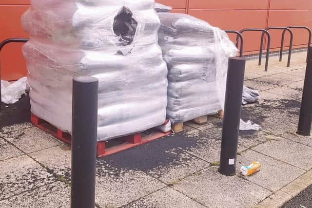 The culprits struck over the weekend after bags of the sand-like substance were left in the complex’s car park.