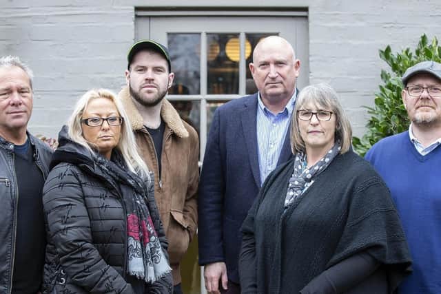 Harry Dunn's family (L-R) Bruce Charles, Charlotte Charles, Ciaran Charles, Radd Seiger, Tracey Dunn and Tim Dunn