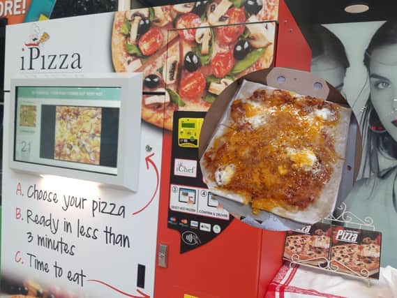 The pizza machine and, inset, the three cheese pizza