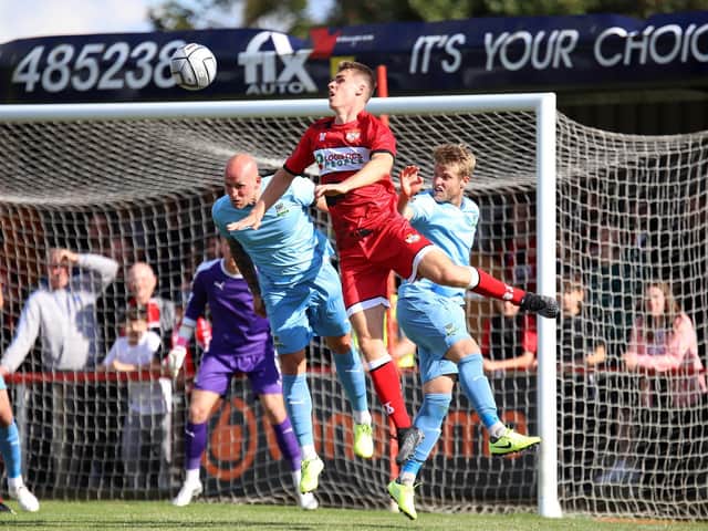 Action from Kettering Town's 1-1 draw with Farsley Celtic at Latimer Park on Saturday. Picture by Peter Short