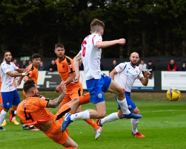 Ryan Hughes was just off target with this effort as AFC Rushden & Diamonds were beaten by Peterborough Sports at Hayden Road. Pictures courtesy of Hawkins Images