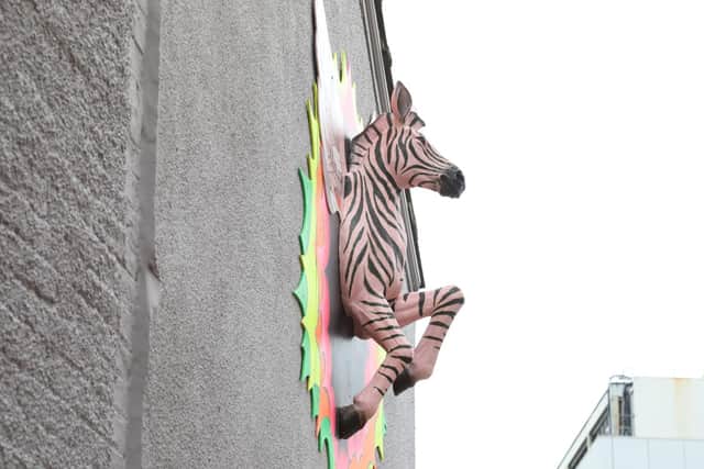The zebra is bursting out of the wall