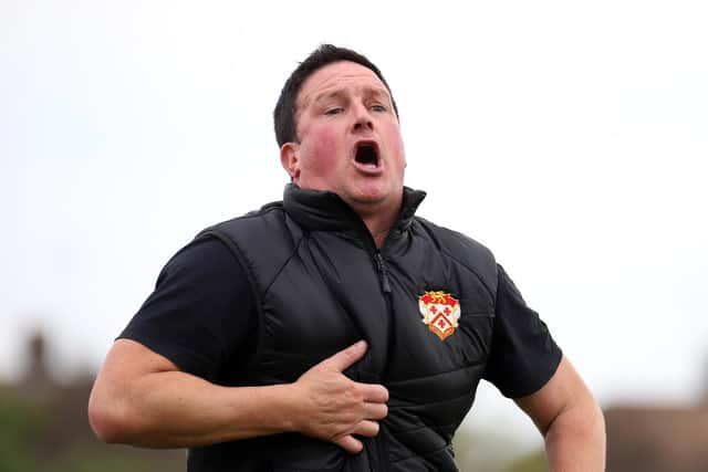 Paul Cox barks out some instructions from the sidelines during Kettering Town's draw with AFC Fylde. Picture by Peter Short