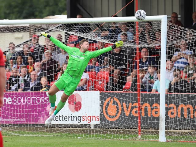 Callum Powell was out of luck when this first-half free-kick cannoned off the crossbar, one of three occasions Kettering Town struck the woodwork in the 1-1 draw with AFC Fylde. Pictures by Peter Short