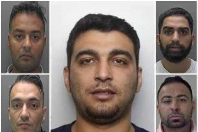 Northampton dealer Ali Zarei (centre) has been jailed alongside brothers Ajmal and Ansar Akram (left) and (right) Jameel Khan and Sarfraz Asif