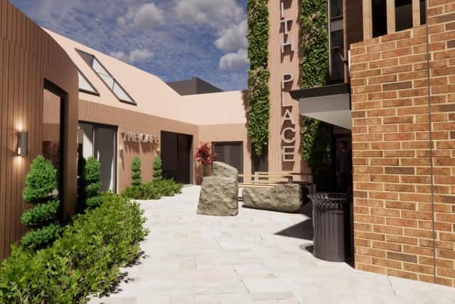 A computer generated image showing the new cafe and garden wall