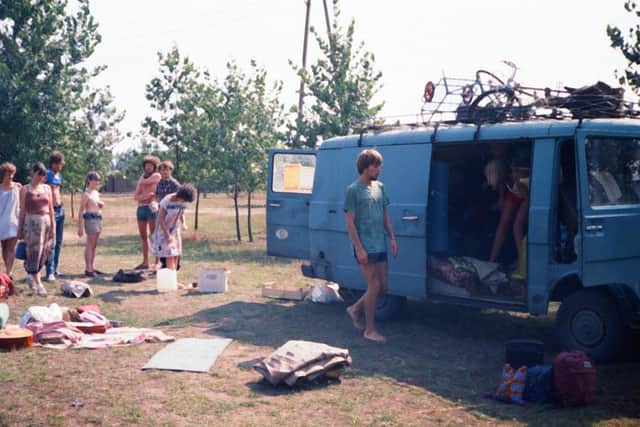 Paula in the back of the group's van on their walk to Moscow.