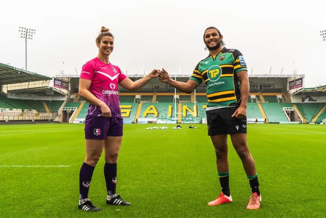 Lightning's Sarah Hunter with Saints skipper Lewis Ludlam