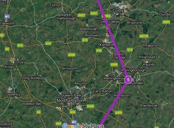 The Red Arrows flightplan has them in the vicinity of Rushden at 10.21am on Friday