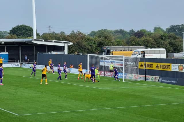 Scott Garner opens the scoring for Boston United in Corby Town's 6-0 defeat in the FA Cup. Picture by Alison Bagley