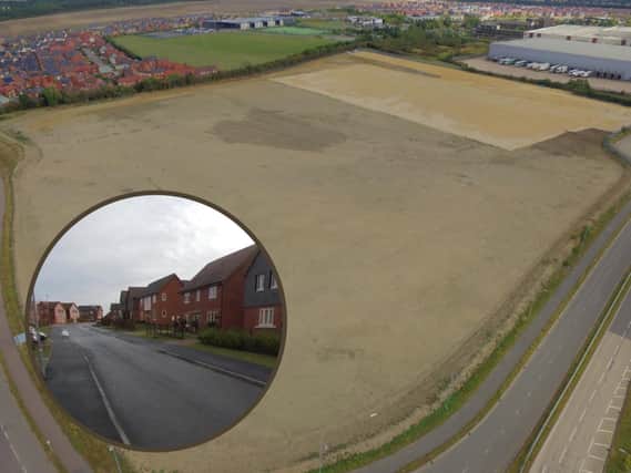 A drone image shows the scale of the site, with Hobby drive at the top left and the Morrisons warehouse on the right. Image: Matt Bailey.