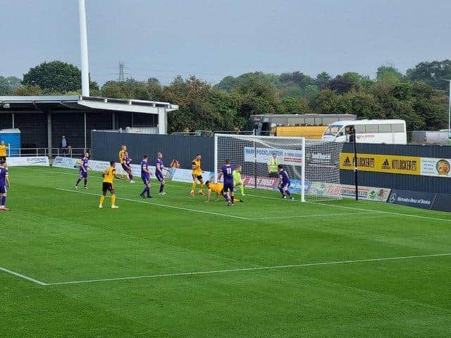 Scott Garner opens the scoring for Boston United in Corby Town's 6-0 defeat in the FA Cup. Picture by Alison Bagley