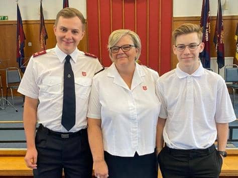 Alison Chapman's sons Joshua and Samuel joined her for her installation. Picture: The Salvation Army