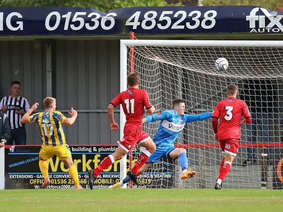Ryan Hall fires home Spennymoor Town's first goal as Kettering Town slipped to a 2-1 defeat at Latimer Park. Pictures by Peter Short