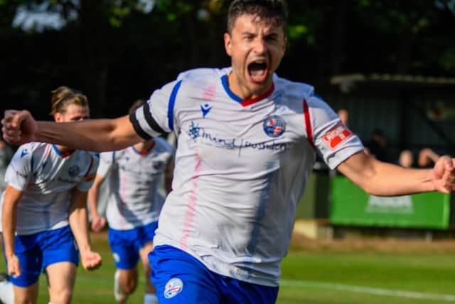 Alex Collard shows his delight after he headed home the late winner for AFC Rushden & Diamonds. Pictures courtesy of Hawkins Images