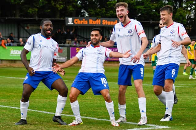 Ravi Shamsi celebrates after scoring his first goal for AFC Rushden & Diamonds on his home debut as they fought back from a goal down to beat Hitchin Town 2-1 at the weekend. Picture courtesy of Hawkins Images