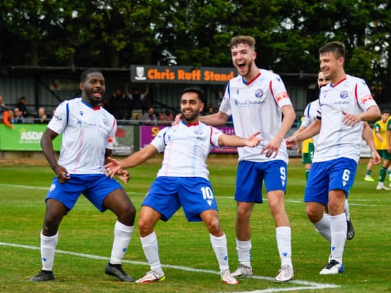 Ravi Shamsi celebrates after scoring his first goal for AFC Rushden & Diamonds on his home debut as they fought back from a goal down to beat Hitchin Town 2-1 at the weekend. Picture courtesy of Hawkins Images