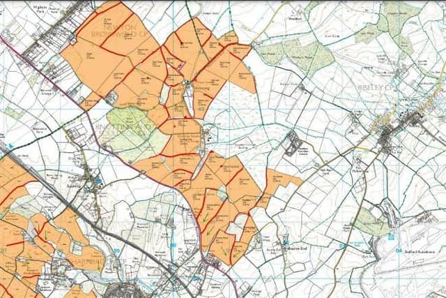 The land where chicken manure will be spread showing fields south of Avenue Road, Rushden at the top of the map