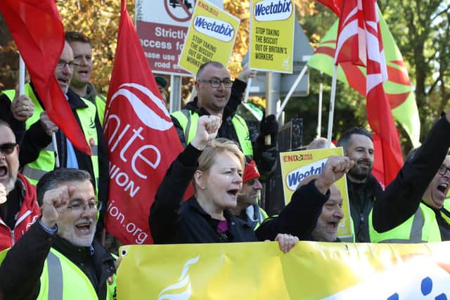 Sean Kettle (front left) with Sharon Graham and Unite members outside the Weetabix factory in Burton Latimer