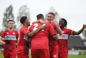 Kyle Perry takes the congratulations after scoring Kettering Town's third goal in the 3-3 draw at Leamington on Saturday. Picture by Peter Short