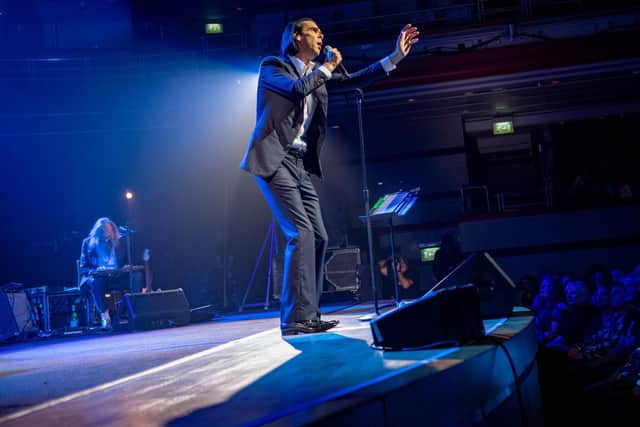 Nick Cave and Warren Ellis on stage at Birmingham's Symphony Hall. Photo by David Jackson.