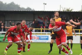 Kyle Perry shows his delight after he scored his second and Kettering Town's third goal in the 3-3 draw at Leamington on Saturday. Picture by Peter Short