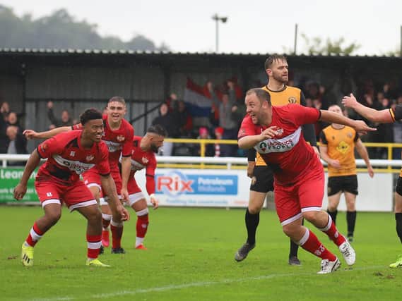 Kyle Perry shows his delight after he scored his second and Kettering Town's third goal in the 3-3 draw at Leamington on Saturday. Picture by Peter Short