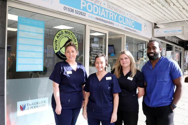 Podiatry Clinic, Kettering Next Step Podiatry, l-r Mar-ie Ferdinand - lead podiatrist / co-owner , Emma Bell - lead podiatrist / co-owner, Sara Bennett (admin and receptionist), Luke Planter extended scope podiatrist,