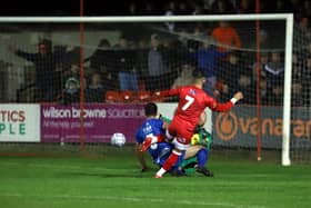 Callum Powell opened the scoring at Latimer Park as Kettering Town defeated Leamington 2-0 in the FA Cup third qualifying round replay. Pictures by Peter Short