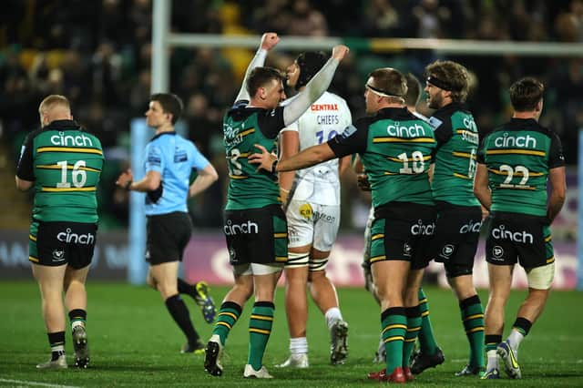 Saints celebrated a hard-fought win against Exeter