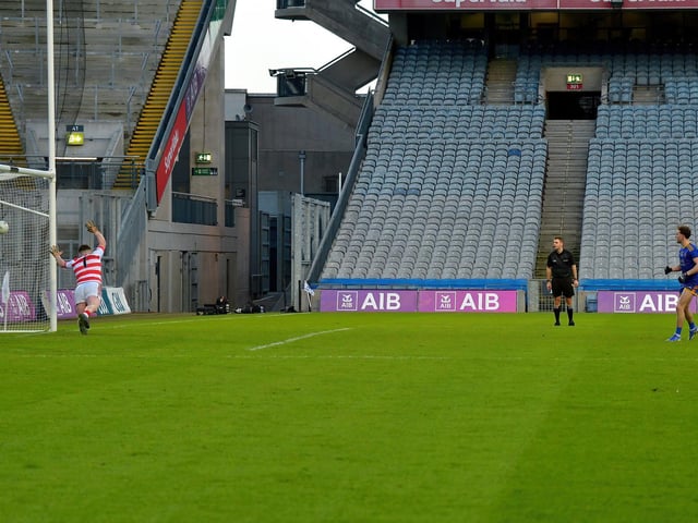 Cahir McMonagle converts a penalty to score Steelstown’s first goal against Trim in the All Ireland Intermediate Football Final at Croke Park on Sunday.