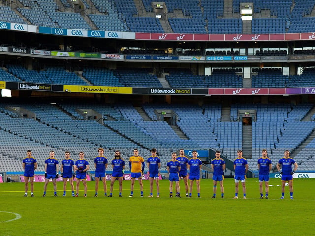 The Steelstown players stand for Amhrán na bhFiann at the All Ireland Intermediate Football final at Croke Park on Sunday. DER2206GS – 009