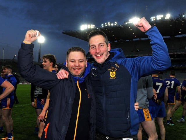 Steelstown manager Hugh McGrath and Chairman Paul O’Hea celebrate their All Ireland Intermediate Football Final victory over Trim