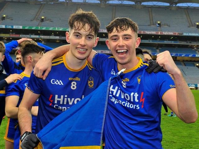 Steelstown ‘s Oran McMenamin and Jason McAleer celebrate an historic win.