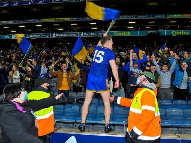 Steelstown ‘s Eoghan Bradley celebrates with fans in Croke Park on Sunday. DER2206GS – 052