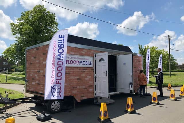 Mary Long-Dhonau OBE - flood resilience champion - with the Floodmobile