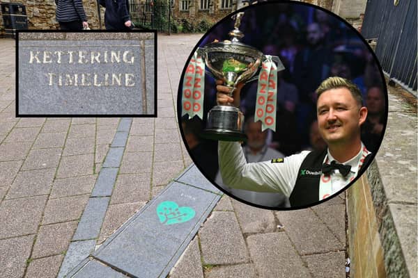 The Kettering timeline in Market Place Kettering (National World) with Kyren Wilson inset (Getty Images)