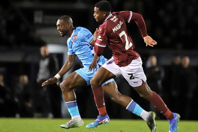 Marvin Sordell in action for Kettering against Northampton Town in the FA Cup first round (Picture: Peter Short)