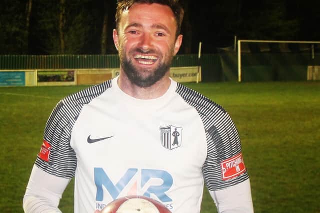 Danny Gordon was all smiles with the matchball after his hat-trick of penalties at Daventry. Picture by David Tilley