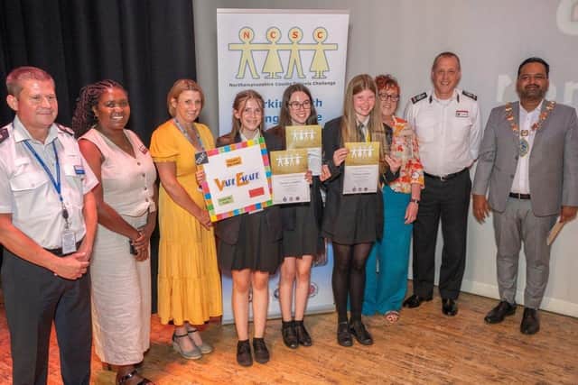 Guilsborough Academy's students celebrating their win with the panel of judges. Photo: Northamptonshire Police