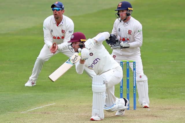 Riob Keogh plays on off drive during his innings of 22 for Northants at Essex. Keogh is making his 100th first-class appearance for the County (Picture: Peter Short)