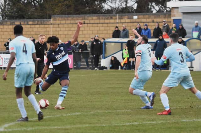 Action from AFC Rushden & Diamonds' 2-0 win at Rugby Town on Saturday (Picture: Shaun Frankham)