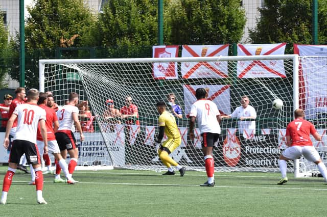 Jersey Bulls score one of their goals as Kettering Town were well beaten 4-1 in a friendly on the Channel Island last weekend. Picture courtesy of Poppies Media