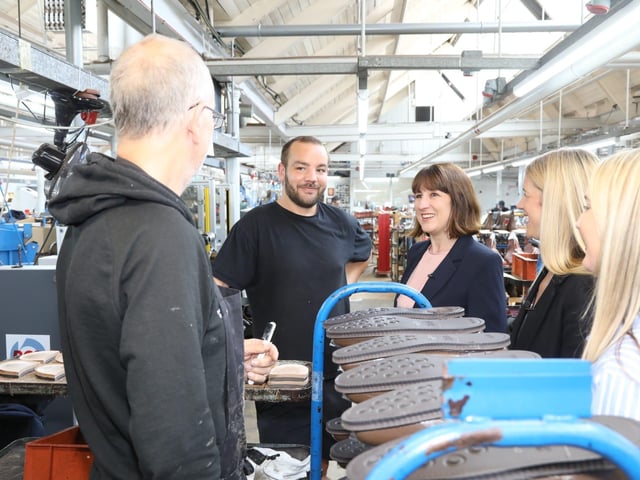 Rachel Reeves Shadow Chancellor visits Kettering Morrisons and Cheaney Shoes in Desborough with her sister Ellie Reeves and candidate Rosie Wrighting:Rachel Reeves in Kettering and Desborough