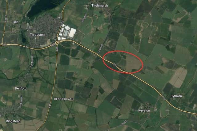 The solar farm site is located along the A14, by Thrapston and TItchmarsh. (Image: Google Maps)