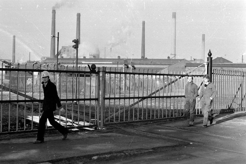 Steelworkers on the first national strike since 1926 at the Corby Steelworks on 2nd January 1980.